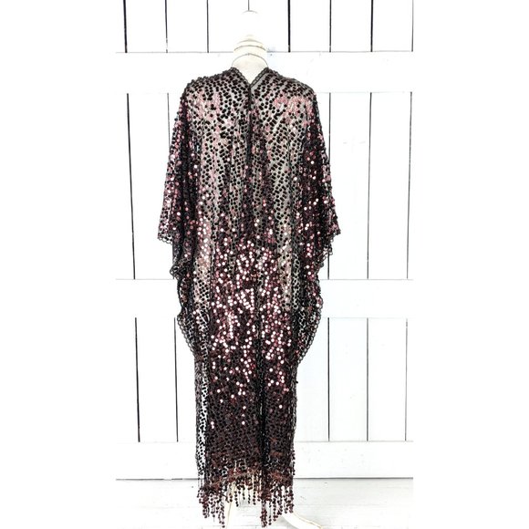 MAXI length brown black net sequin long kimono cover up jacket - Picture 5 of 5